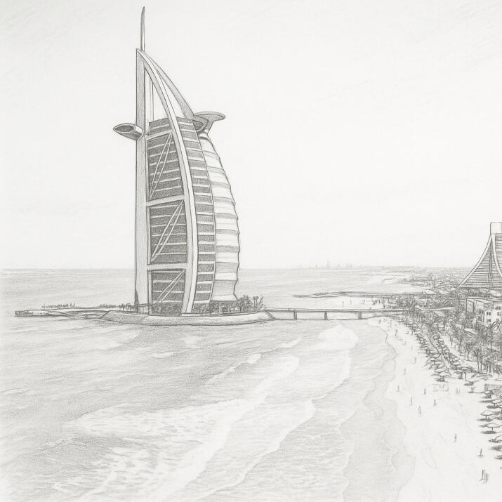 Burj Al Arab – Iconic Waterfront Living in Jumeirah Dubai Burj Al Arab view from the beach - iconic Dubai luxury property landmark with Jumeirah Beach coastline – premium Dubai real estate and beachfront lifestyle