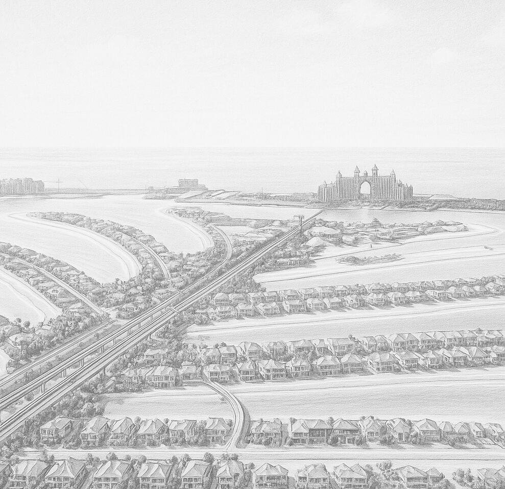 Palm Jumeirah Luxury Real Estate – Villas & Waterfront Homes Palm Jumeirah aerial view with Atlantis The Palm - exclusive beachfront villas and real estate, waterfront homes, and the Atlantis resort – prime Dubai real estate location